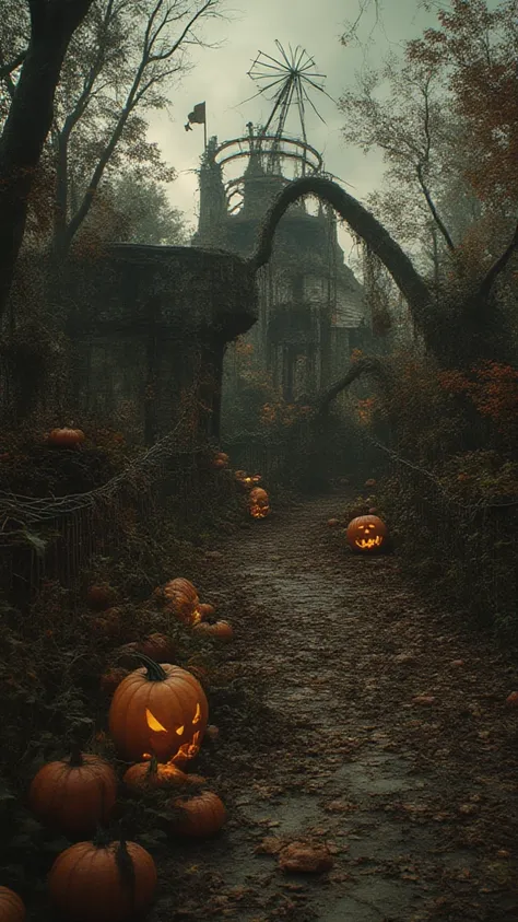 photography, ultra highres, RAW photo, abandoned Halloween theme park, decaying decorations, overgrown pumpkin figures, rusted r...