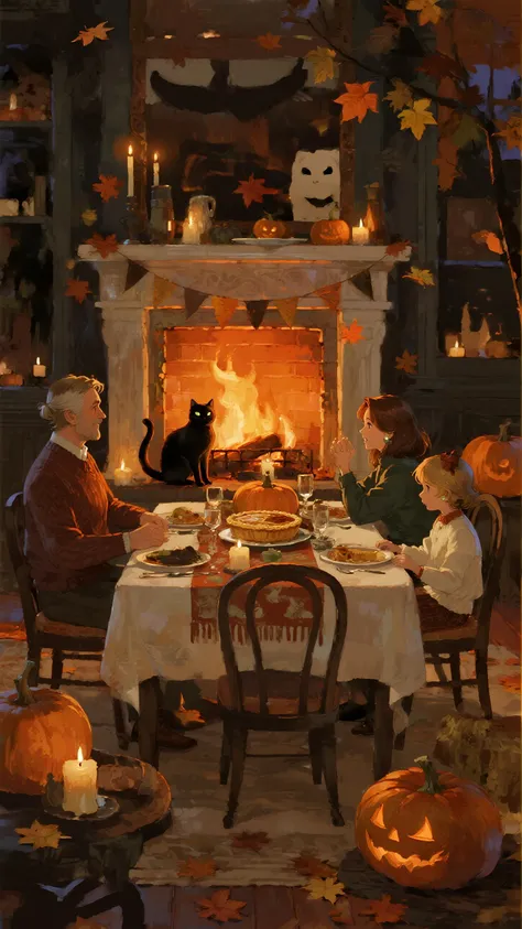 halloween dinner party, realistic, front of the fireplace, cozy interior, dining table set with pumpkins and candles, crackling ...