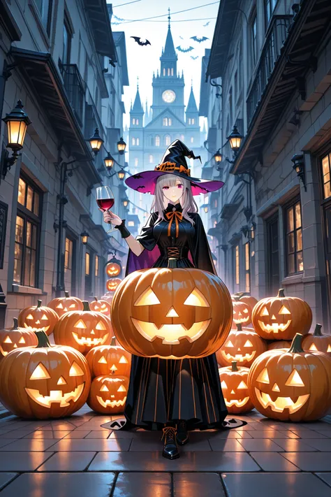 Halloween clothes Vampai cityscape Parade Wine in hand Halloween pumpkins are lined up on the road Cute ghosts are floating