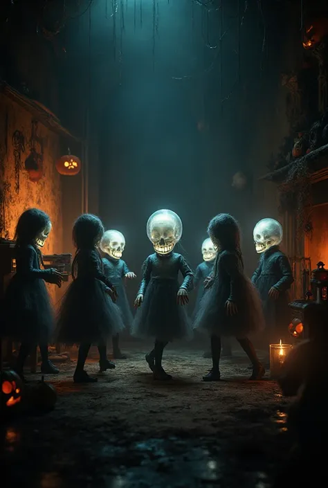 Children with virtual skulls are danced in a room with a fireplace、Halloween Decorations
