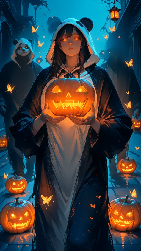 Arang, panda hood, Halloween outfit, ghostly double behind her, foggy night street, floating pumpkin lanterns, glowing eyes, cin...