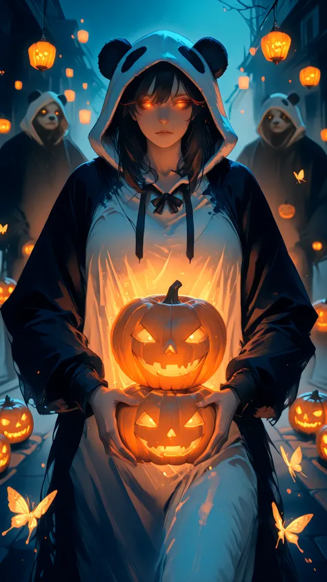 Arang, panda hood, Halloween outfit, ghostly double behind her, foggy night street, floating pumpkin lanterns, glowing eyes, cin...