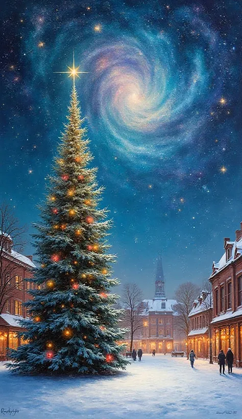 Cosmic Tree and Town Square: A single, towering Christmas tree in a town square, decorated with glowing baubles and a bright sta...