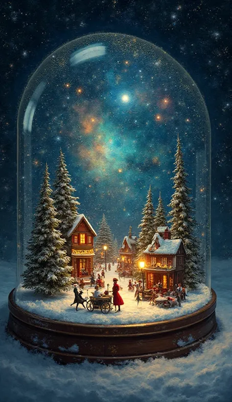 Victorian Christmas in a Snow Globe: An intimate, dreamy view of a Victorian-era Christmas festival, as if seen inside a snow gl...