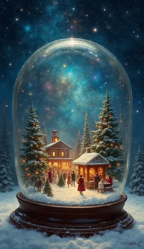 Victorian Christmas in a Snow Globe: An intimate, dreamy view of a Victorian-era Christmas festival, as if seen inside a snow gl...
