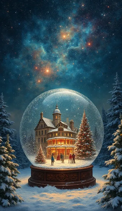 Victorian Christmas in a Snow Globe: An intimate, dreamy view of a Victorian-era Christmas festival, as if seen inside a snow gl...