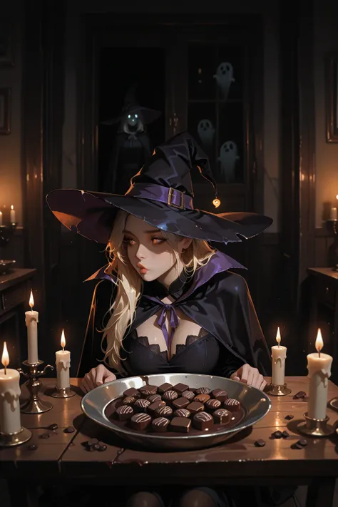 1 adult female, across table, witch costume, pointy hat, cape, chocolate around mouth, chewing, pursed lips, upsetting, looking ...