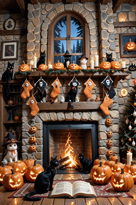 High quality, Atmospheric photograph, extraordinary scene where a female night meeting takes place around a rustic fireplace whe...