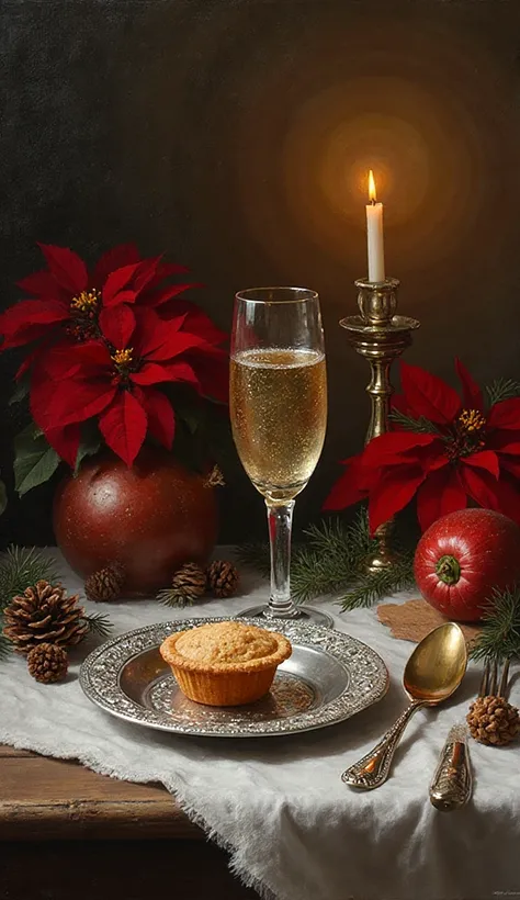 Still life oil painting in the style of an Old Master, focusing on a dreamy Christmas table setting. A single crystal glass of c...