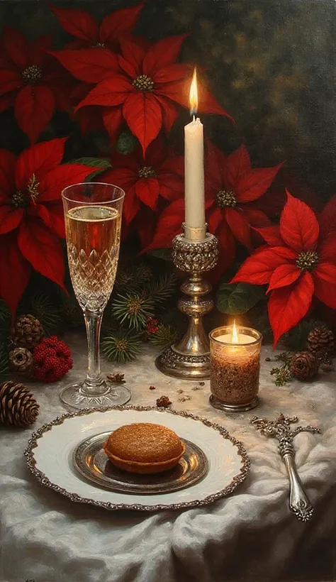 Still life oil painting in the style of an Old Master, focusing on a dreamy Christmas table setting. A single crystal glass of c...