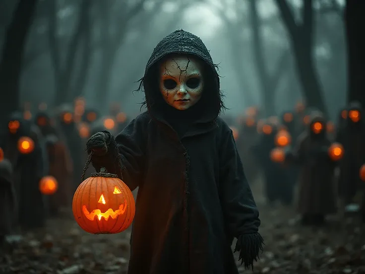 A childlike specter with a cracked porcelain mask, clutching a pumpkin lantern as hundreds of spirits dance behind in eerie harm...