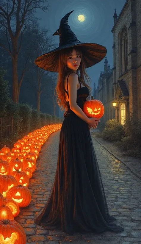              
Delicate colored pencil drawing、  Japanese woman participating in a Halloween event、slim body、long wreck、cosplay o...