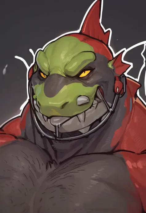 Red bara fish alien, red scales, green face, perfect anatomy, masterpiece, green moustache, detailed eyes, strong jaw, solo, gre...