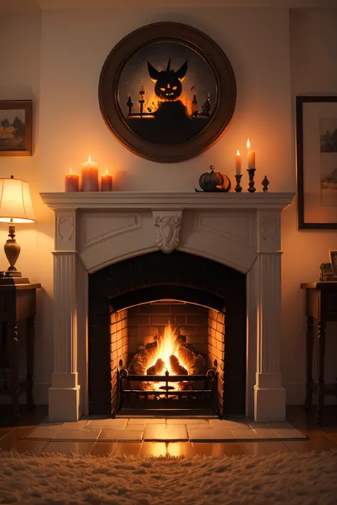 Winter night fireplace with Halloween specter behind of window 