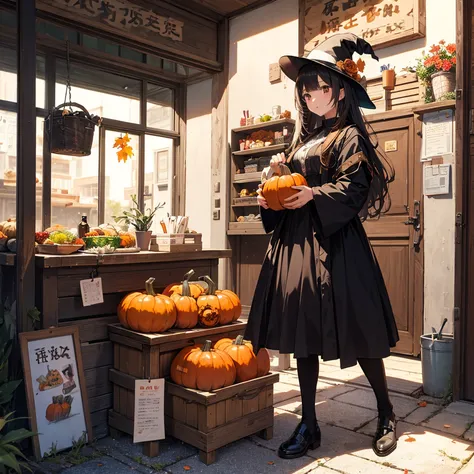 In front of the front door of the house 、first grade girl、A witch's costume based on black and orange colors、There are lots of s...