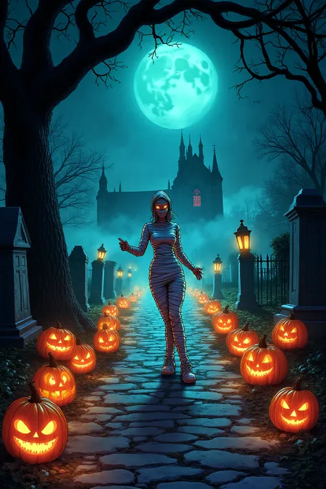Vibrant comic-style Halloween tableau: a confident mummy-costumed woman strikes a playful mid‑step pose on a cobblestone path th...
