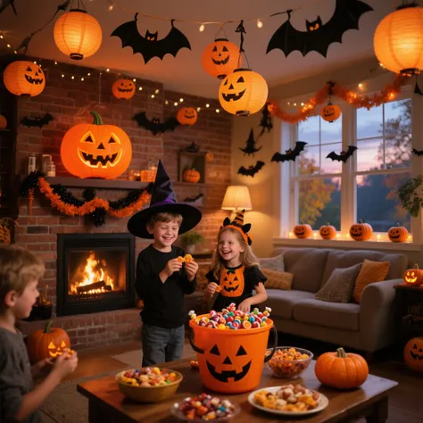 high image quality、masterpiece、8K resolution、Halloween Treats on the Table、Burning Fireplace、Bat Decorations Hanging from the Ce...
