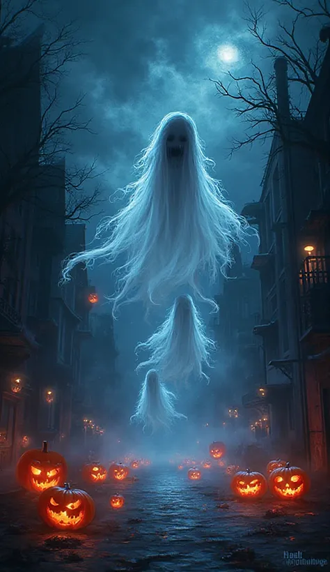 Halloween ghosts. What kind of Halloween ghost would be roasting in the streets at night, surrounded by flying pumpkins and glow...