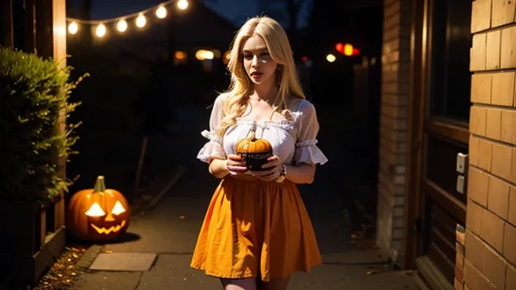 Haunted blonde beauty walking with pumpkin noodles in her hands at a Halloween costume party