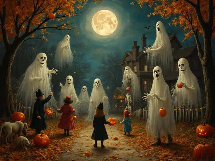 Here, the ghosts are not so much frightening as they are mischievous spirits. They float among autumn leaves, play with jack-o'-...