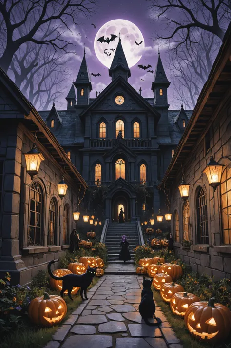 A lush, panoramic view of a quaint and bustling suburban street, no auge da noite de Halloween. The scene is brimming with magic...