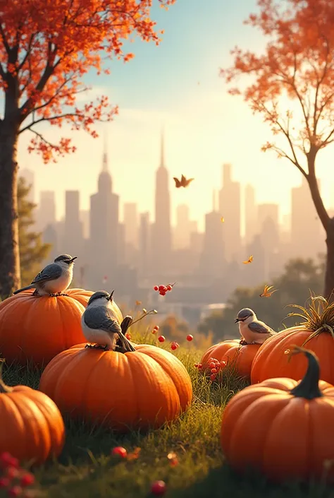 sea, pumpkins, tits, Red Rowan, City in the background