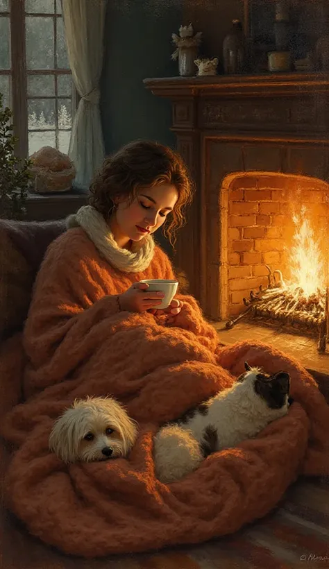  A cozy scene of a woman nestled under a warm blanket, savoring a hot drink. A dog and a cat stretch contentedly beside her. A f...