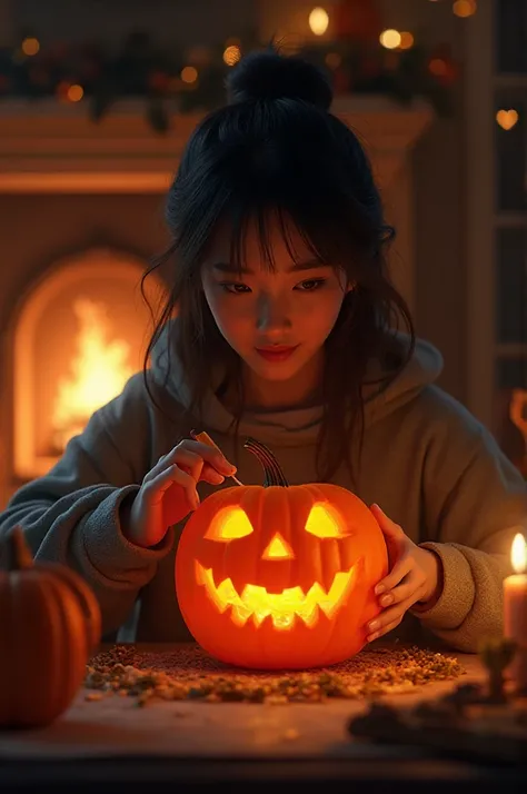 An Asian college girl carving a jack-o'-lantern next to the fireplace during a cold winter night in real life