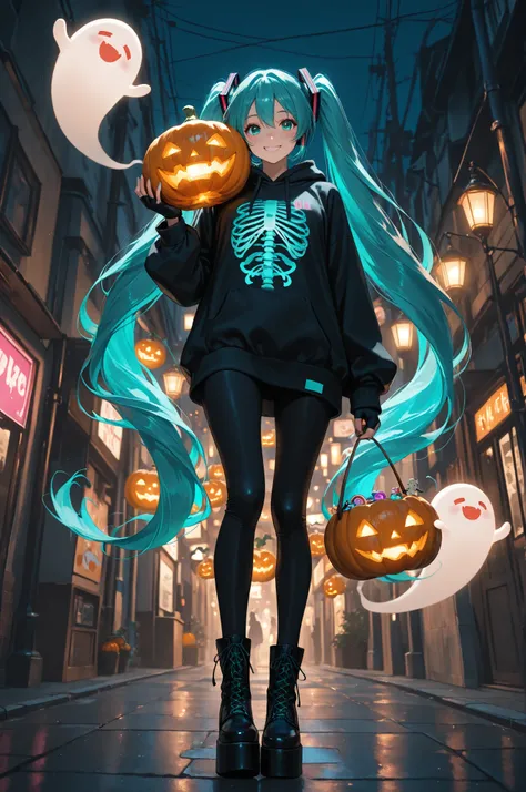 masterpiece, best quality, Hatsune Miku, 1girl, solo, Hatsune Miku, bunches, long aqua hair, aqua eyes, playful smile, oversized...