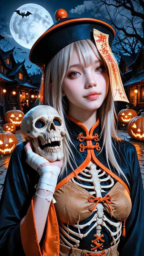 masterpiece, high resolution, detailed, ultra-detailed, unity 8k wallpaper, perfect face, 1girl, jiangshi costume, full moon, ha...