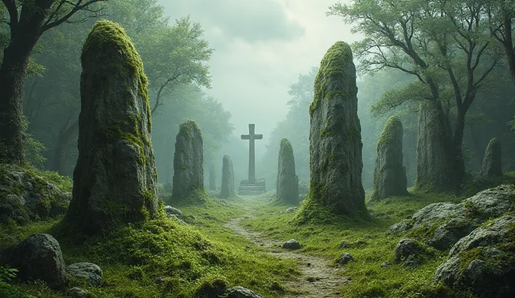 Sacred standing stones overgrown with moss, the Cross in the distance.