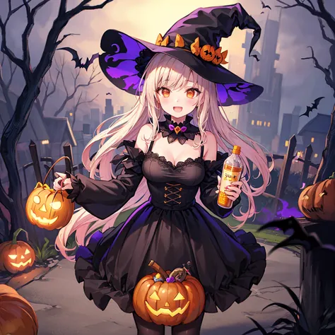 Halloween vibe、Bats in the background、the girl in the witch costume、is wearing a big witch hat、has a tub of candy in her hand、La...