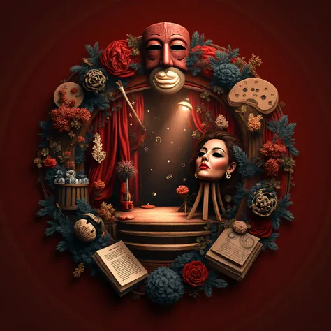 Symbolic composition combining various fields of art — theater (masks, stage, spotlights), painting (brushes, palette, easel), m...