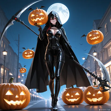 Street、night、moon、pumpkin headgear、black rider suit、and I have a scythe of the Grim Reaper、