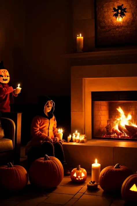 living room, Dancing on the wall Illuminated by candles casting shadows、Carved Pumpkins, Stone Fireplace with Crackling Fire, Ch...