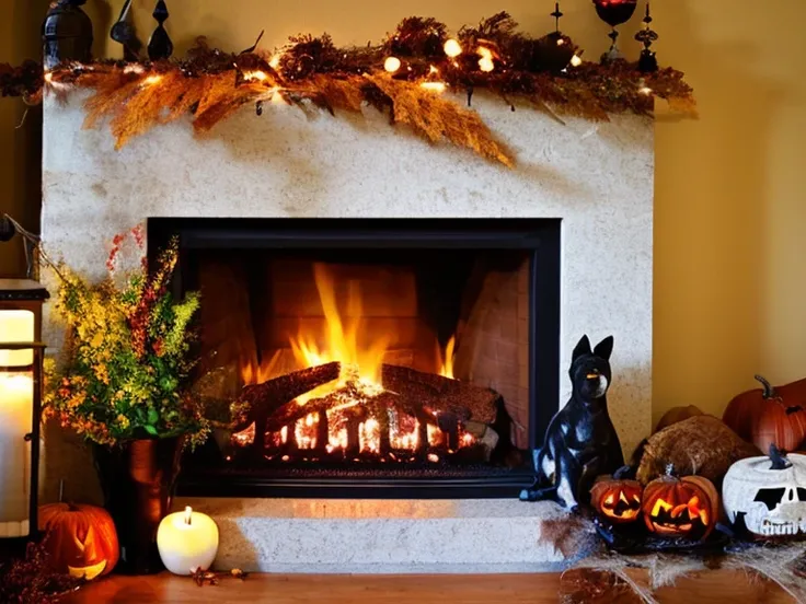 winter fireplace、Flames flickering、The Halloween atmosphere has quietly arrived。by the fireplace、what fun things will happen？
