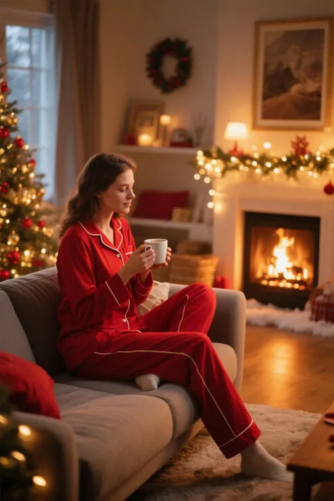 The background of the picture is a family living room with a midwinter background with a lit fireplace. A woman in red pajamas i...