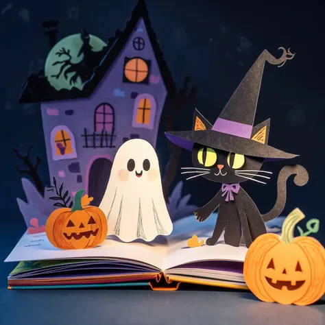 Pop-up book, paper cut art, children's book illustration, halloween, pastel colors, Light color tone, Crayons & Colored Pencils ...