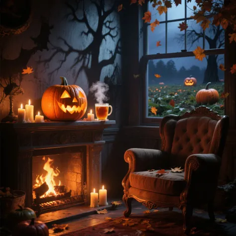 spooky halloween evening, cozy fireplace, shadows dancing on the walls, carved pumpkin glowing softly, hot apple cider steaming ...