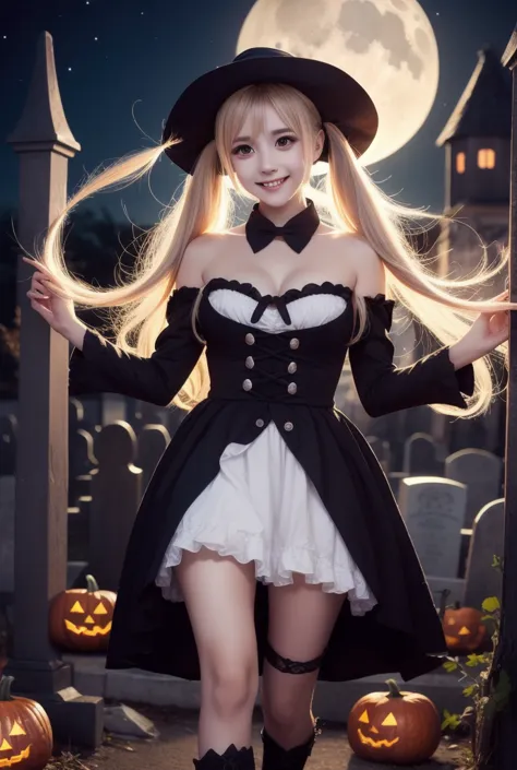 mini character girl、twin tail blonde、halloween costume、big hat、naughty smile、cute fantasy atmosphere、moonlit graveyard backgroun...