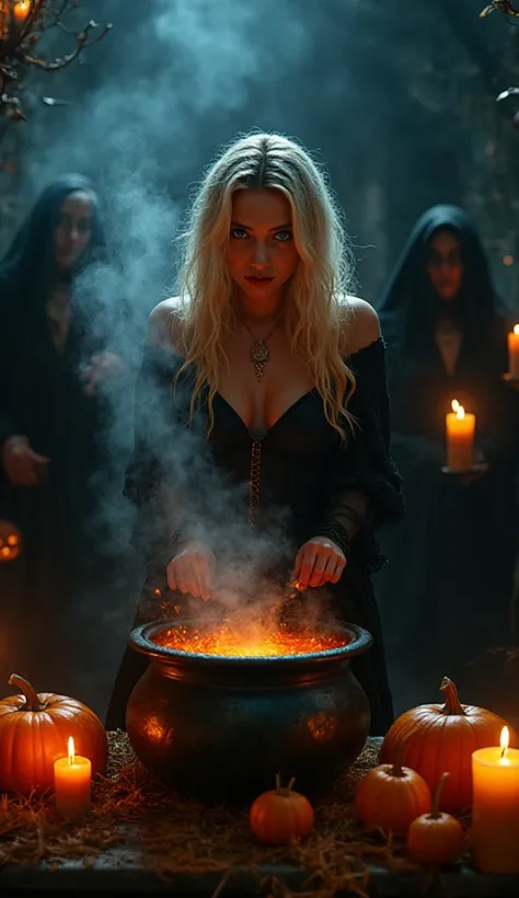 A real photo from Halloween showing a blonde woman with short hair and blue eyes stirring something in a cauldron. Next to her a...