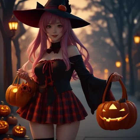 nsfw,anime girl in a halloween costume holding a basket of pumpkins, splash art anime loli, Tiny Curvy Lori, everyone, Trick or ...
