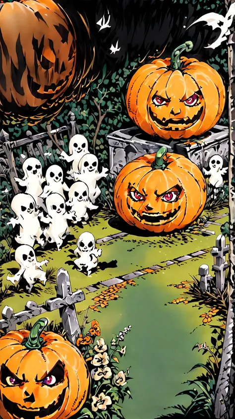 A large orange pumpkin with an angry face ghosting a lot of ghosts. Gothic cemetery setting. Art of Mathematics, Fundo detalhado...
