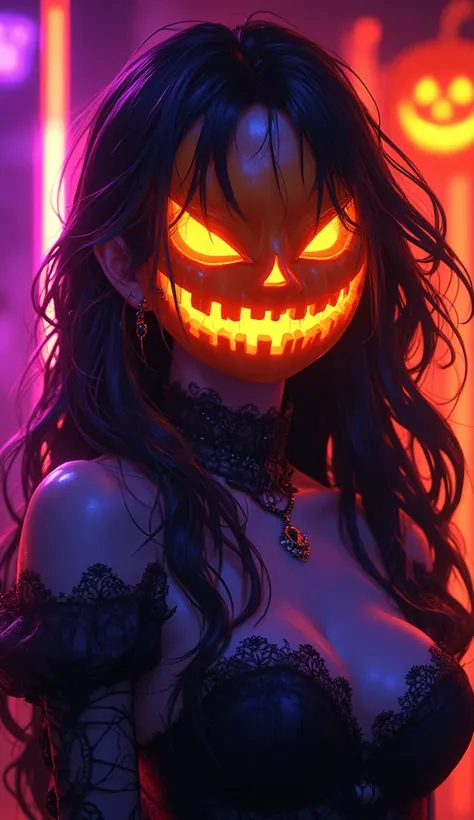 Halloween pumpkin lady, pumpkin ghost cosplay, sexy look, long Black Gothic dress,anime art, neon_art
