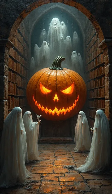 (oil painting) In an old stone library A large orange pumpkin with an angry face ghosting a lot of ghosts. Gothic setting of a f...