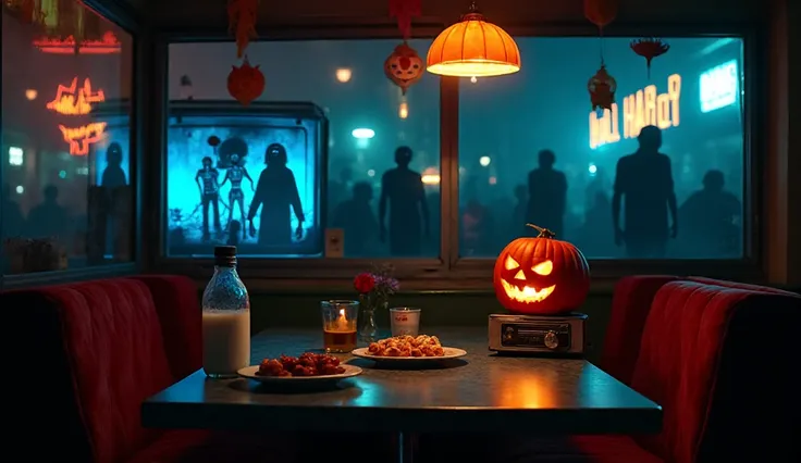 Art Deco, Retrofuturism, dim light inside the diner at night, light from neon signs on the street. The atmosphere of indifferenc...