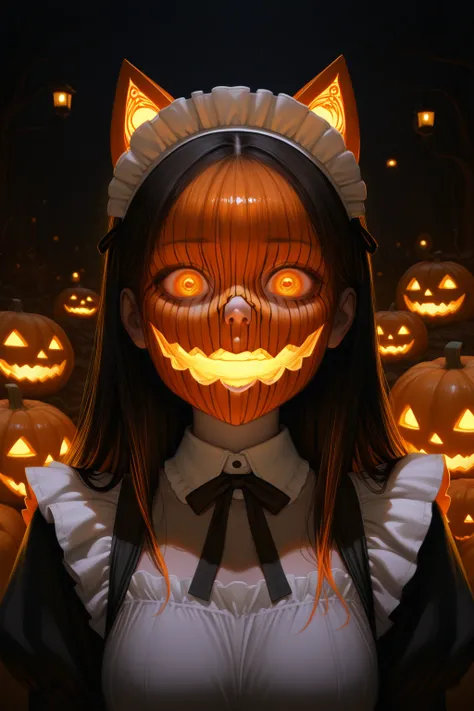 Beautiful girl female,Wearing maid uniform,Halloween ghosts,pumpkin headgear hollowed out on the face, scary expression,Detailed...