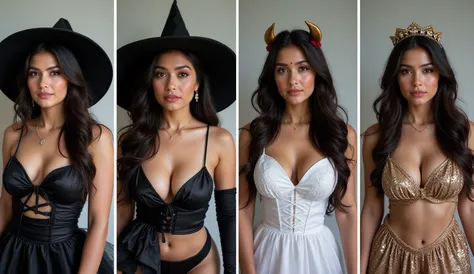 A photo grid of 4 columns, 4 vertical divisions of 16:9 aspect ratio. The photogrid shows 4 different cosplay of an Indian woman...