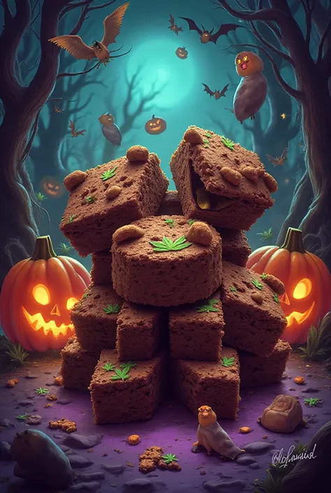 Make me an image to promote my product which is brwonie with bone cannabis happy brwonies with a very Halloweed style and fun 
