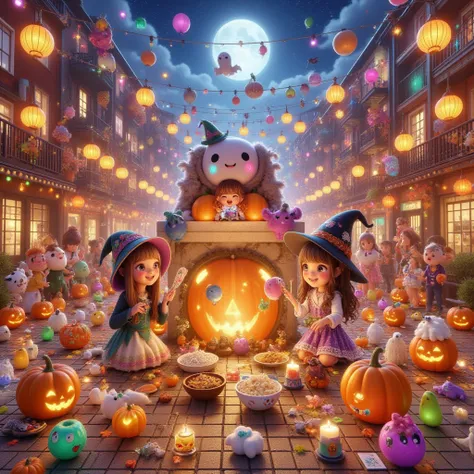 young people having a Halloween party around the fireplace、Unique costumes、Photorealistic、super high image quality with rice bow...